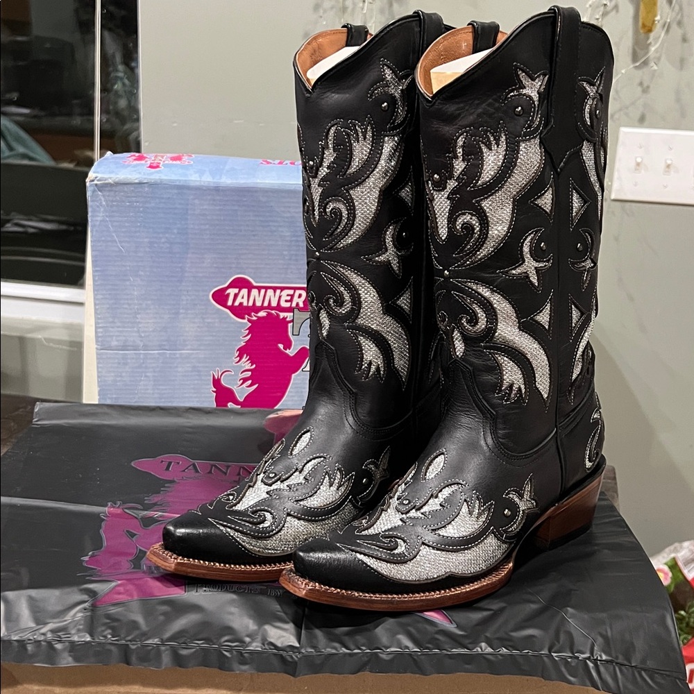 Tanner Mark Black Leather Boots with silver inlay